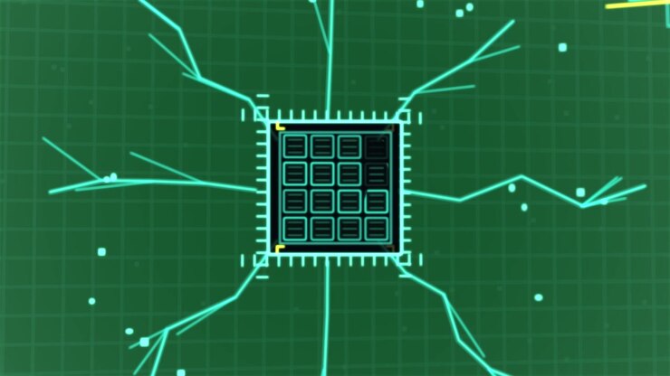 Triangle snapping chip activating traces extending tiles scanning linking on transparent background