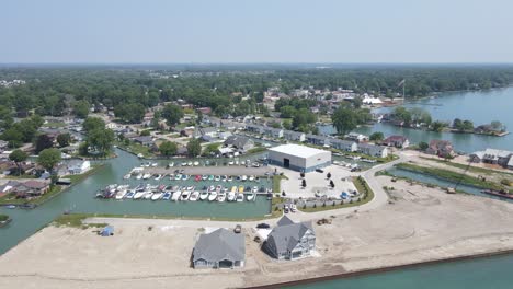 beautiful lake town with private estates and commercial buildings, aerial view