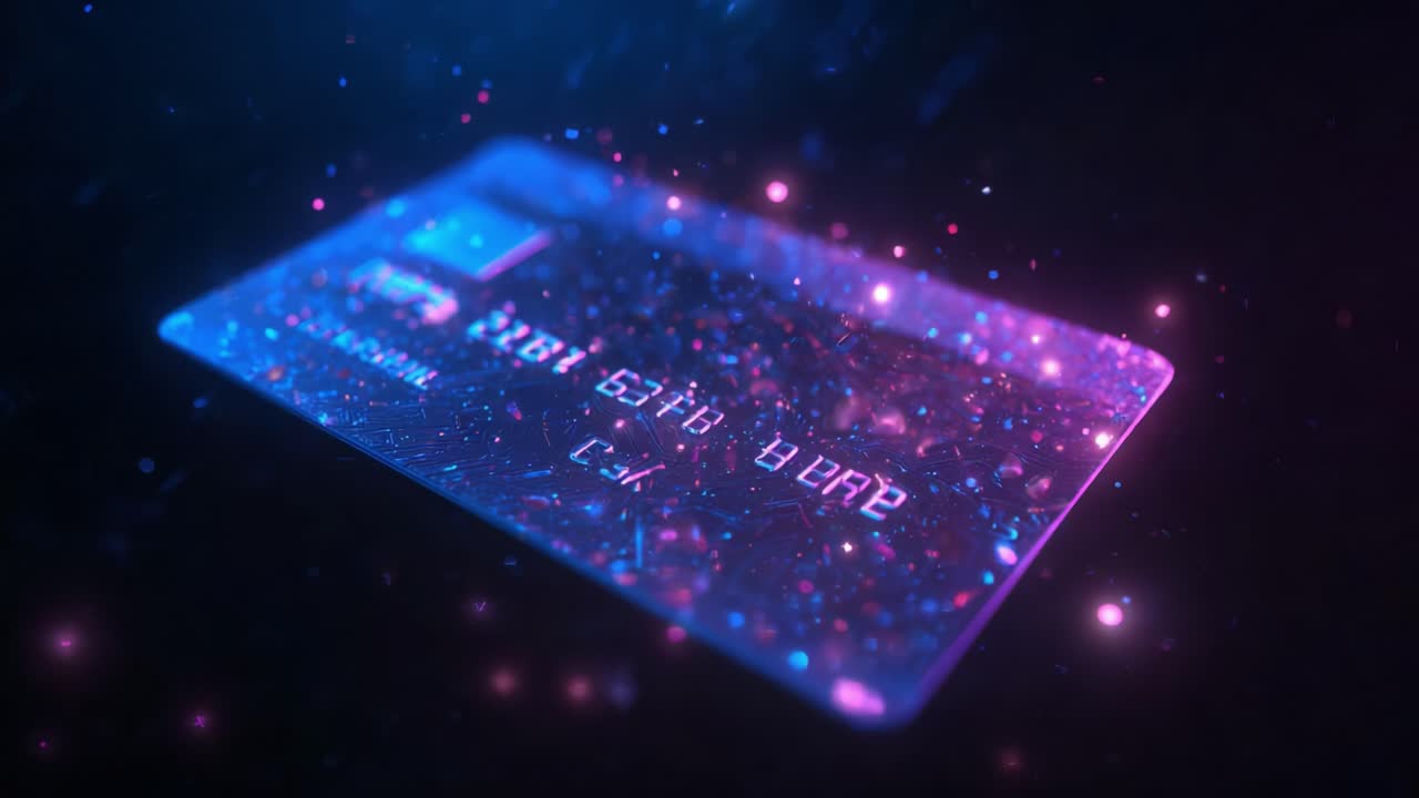 A Glowing Digital Card Surrounded by Cosmic Sparks: A Futuristic Representation of Payment Technology in a Kaleidoscopic Universe of Color and Light
