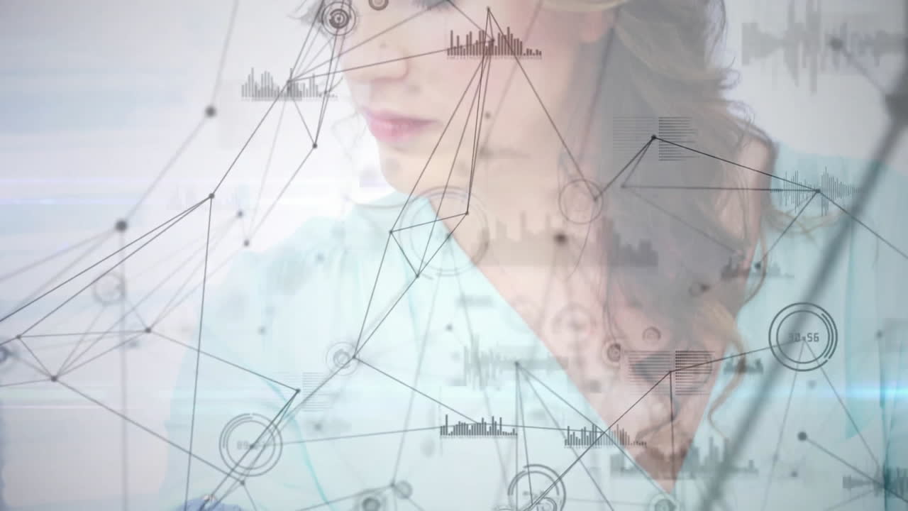 Nurse wearing stethoscope analyzing medical data overlay displaying animated charts and waveforms