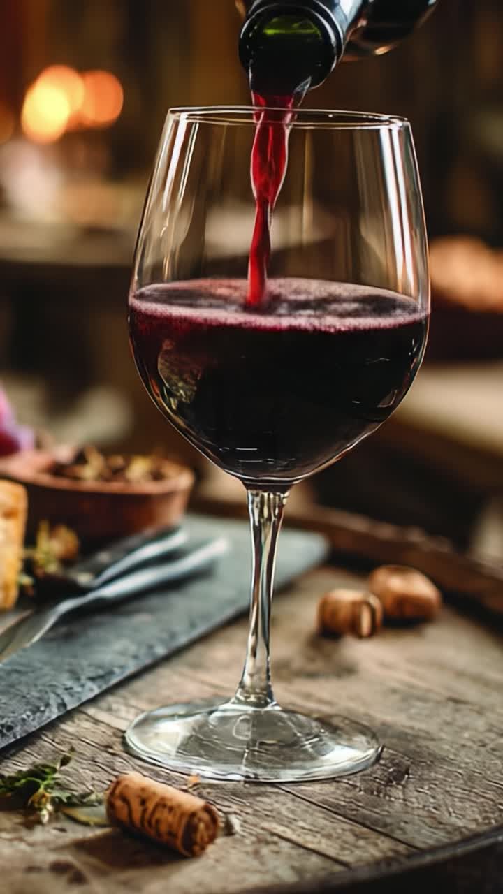 Un affascinante video di vino rosso versato in un bicchiere, che cattura l'essenza di sapori ricchi e la gioia della cultura del vino in un ambiente emozionante