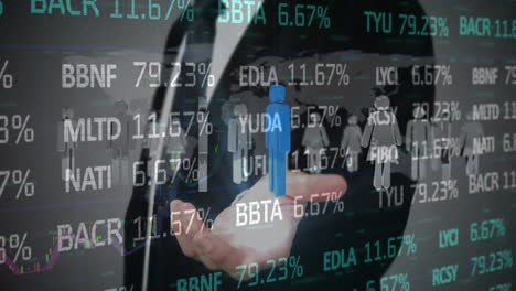 animación de un hombre de negocios con iconos de personas y procesamiento de datos financieros
