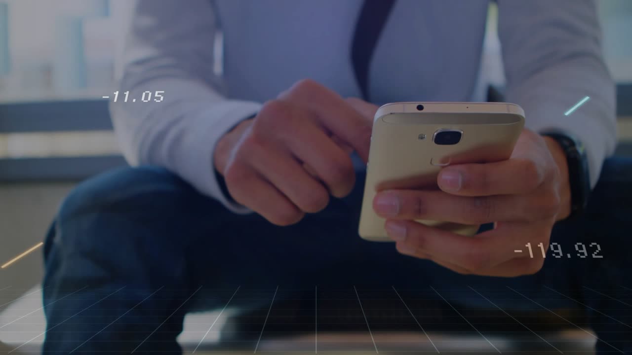 Animated finance graphs appearing and updating while man tapping phone in lobby for market analysis