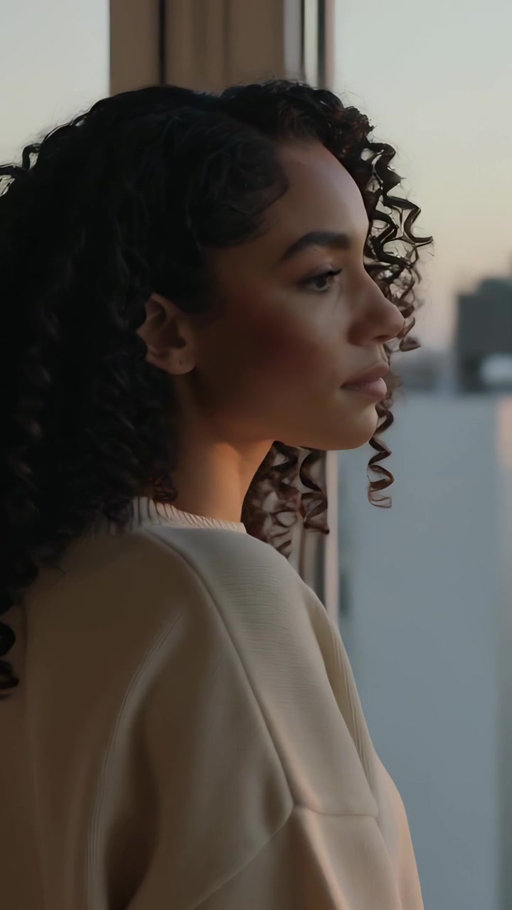Vertical video: Drawn by golden light, woman in cream sweater turning head to window, holding gaze