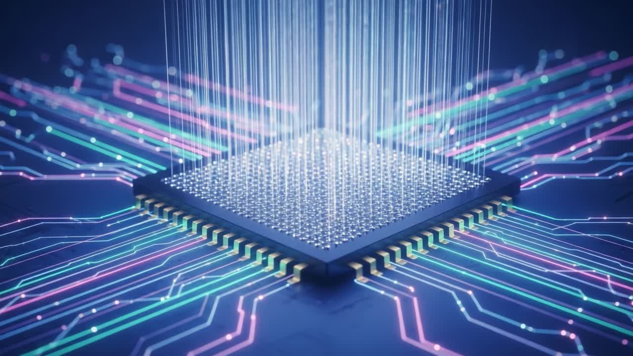 An Artistic Representation of a Microchip with Radiating Data Streams, Capturing the Essence of Modern Computer Technology and Innovation in Digital Communication