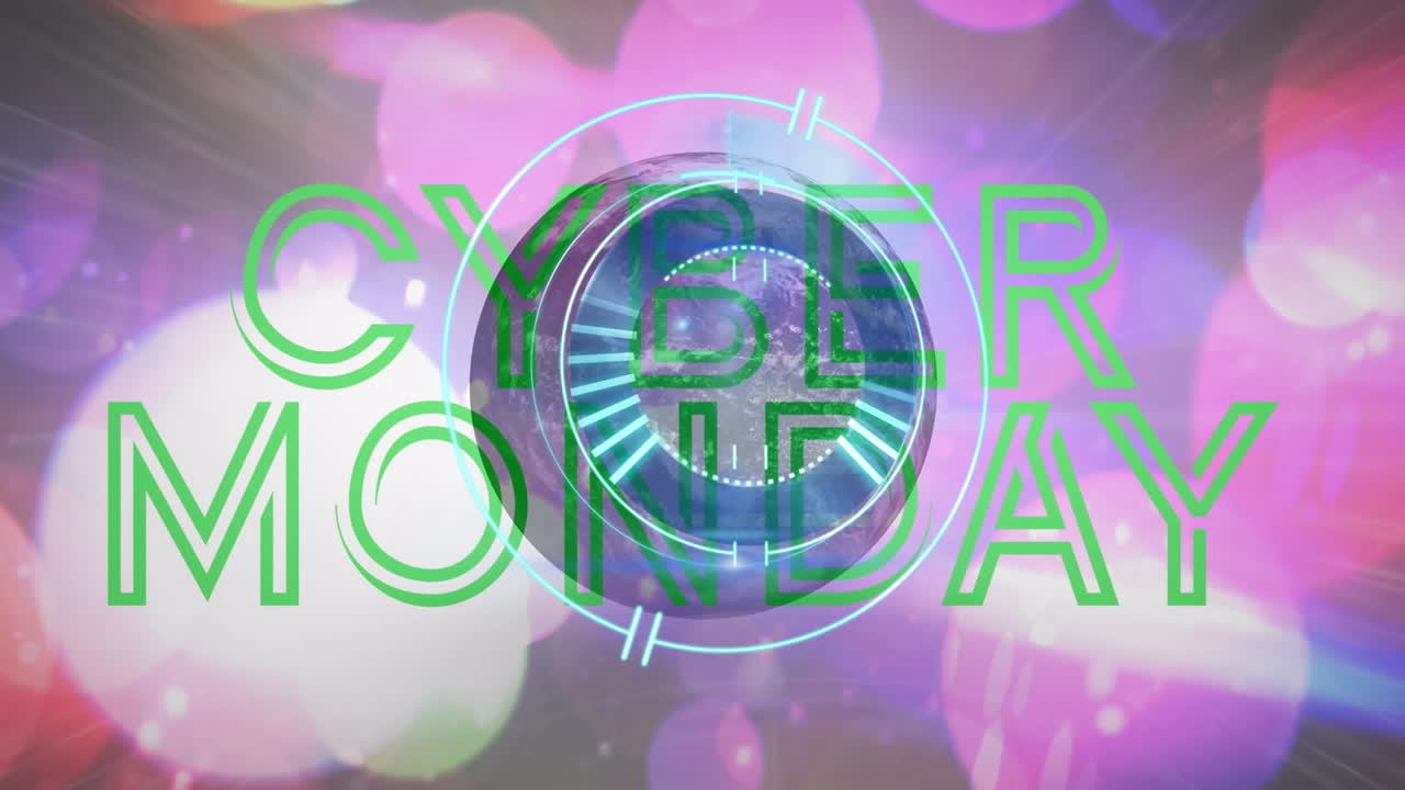 animación escaneo de alcance, globo con texto de ventas de cyber monday en el fondo