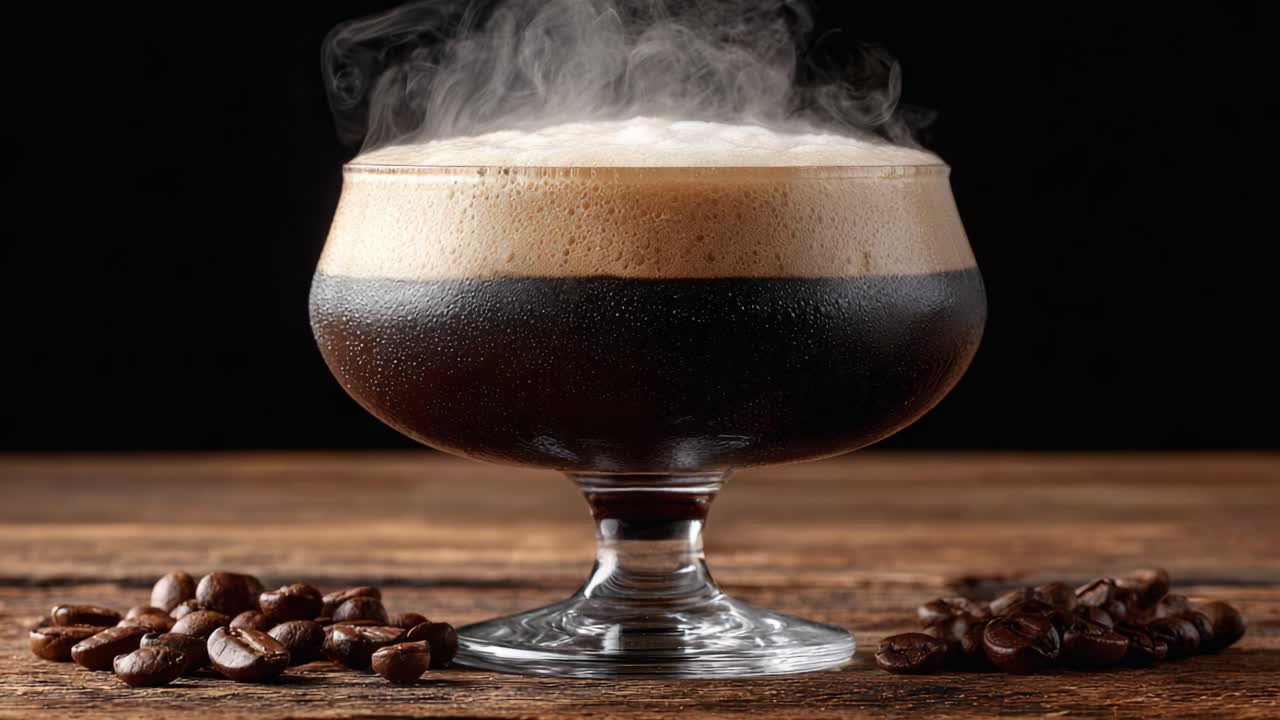 Aromatic Coffee Cocktail with Creamy Foam and Freshly Roasted Beans, Capturing the Rich Consistency and Inviting Aroma of a Perfect Brewed Beverage