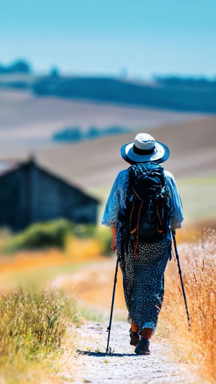 A Solo Traveler Walking on a Tranquil Pathway Surrounded by Vibrant Fields and Rolling Hills on a Clear, Sunny Day with a Cozy Cottage in the Background
