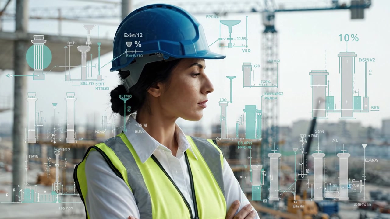 A Construction Professional Analyzes Project Progress on Site, Combining Engineering Insight with Advanced Data Visualization Techniques Amidst Ongoing Construction.