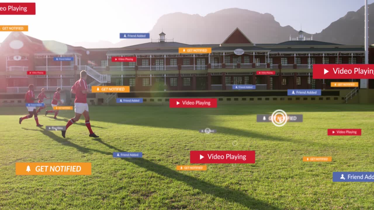 스타디움에서 달리는 다양한 남성 축구 선수들의 팀에 대항하는 소셜 미디어 아이콘의 애니메이션