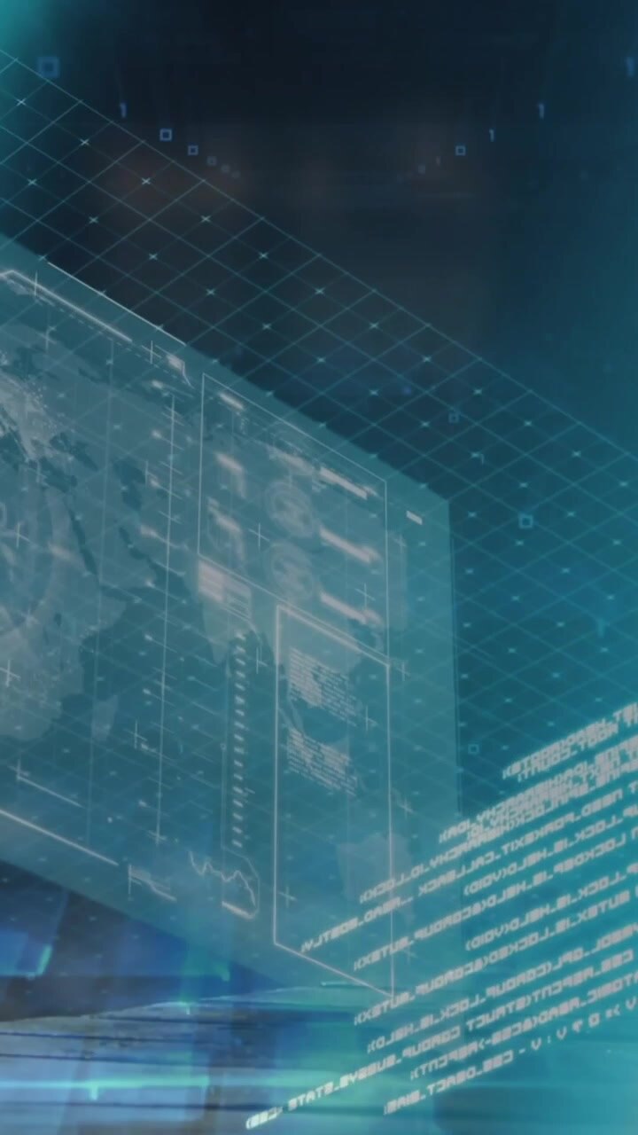 Animation of interface with data processing and light spots against blue background