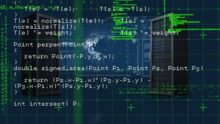 Digital animation of data processing over computer servers and spinning globe on blue background