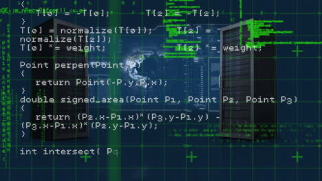 Digital animation of data processing over computer servers and spinning globe on blue background