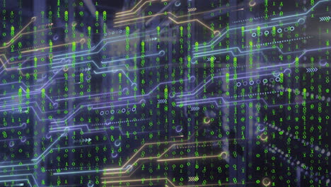 Animation of binary coding data processing over computer motherboard