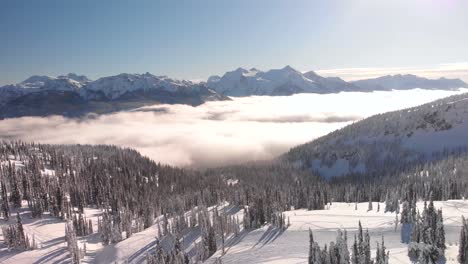 Hermosa-Toma-Aérea-De-Un-Bosque-Nevado-Con-Las-Montañas-Rocosas-Canadienses-En-El-Horizonte-En-Revelstoke,-Columbia-Británica