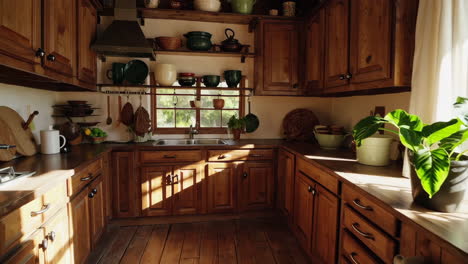 cozy rustic kitchen interior with wooden cabinets and sunlight