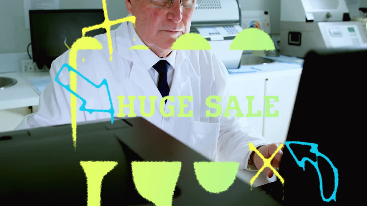 Working on laptop, scientist creating animation with HUGE SALE colorful graphics