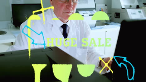 working on laptop, scientist creating animation with huge sale colorful graphics