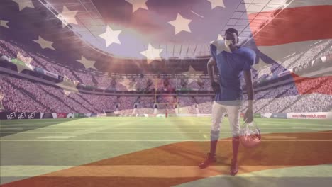 animación de la bandera de los estados unidos ondeando sobre un jugador de fútbol americano y un estadio deportivo