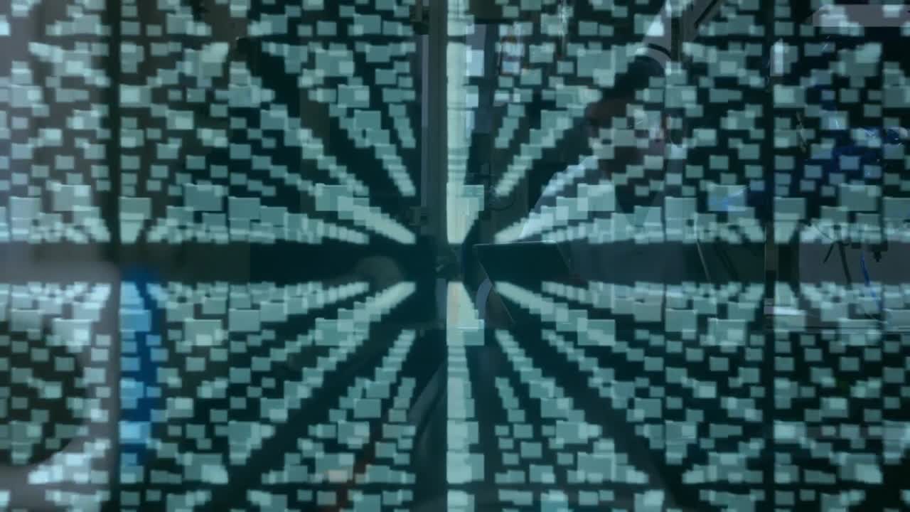 Animation of digital files and padlock over sicentist using tablet