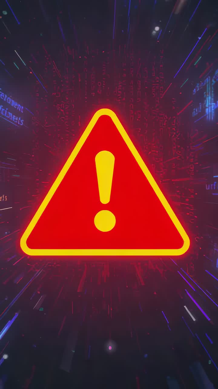 Vertical video: Pulsing red triangle as light column surging in digital field, yellow ! flashing