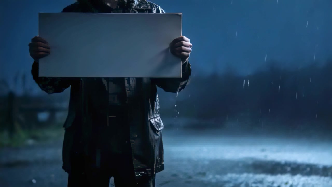 Holding blank white board, steady rain falling, man wearing dark raincoat steadying it at night lot