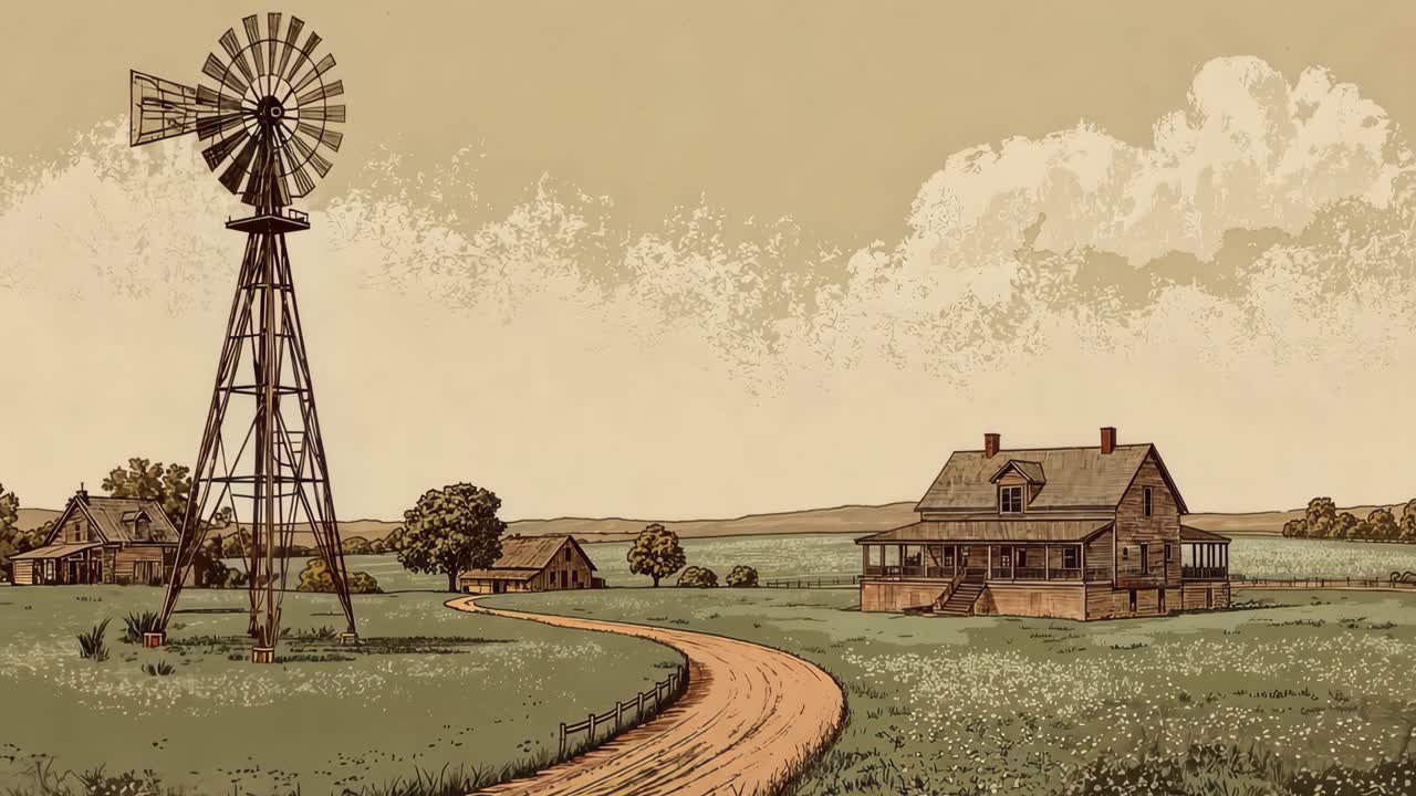 Rural Farm Landscape with Windmill and House