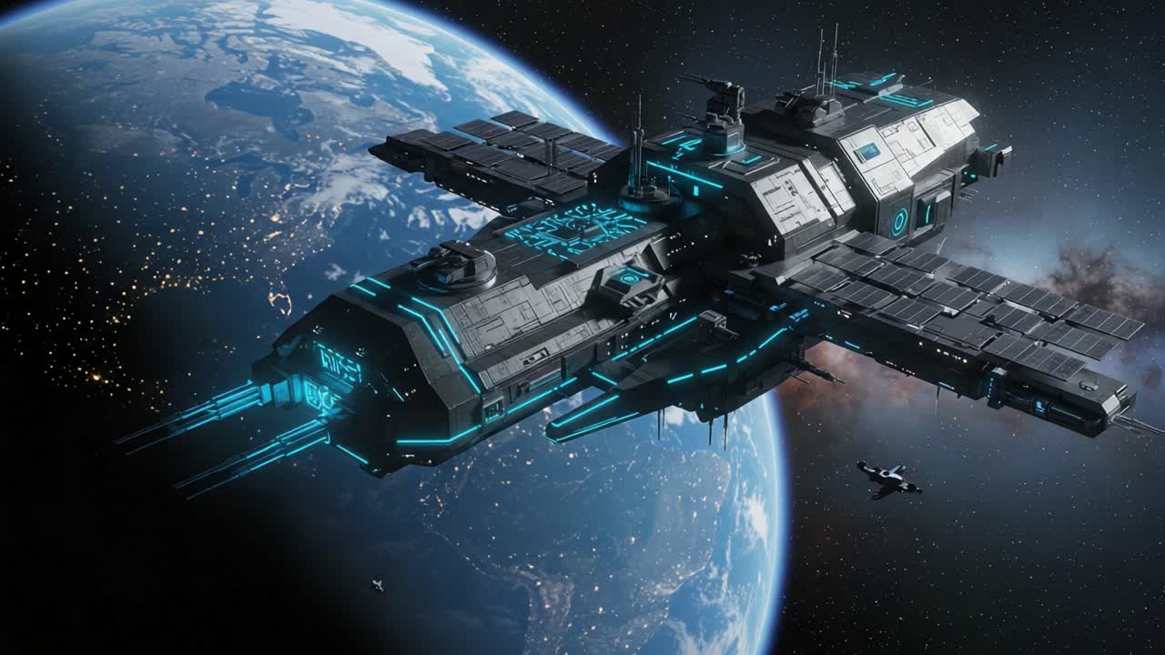 Un'astronave futuristica che scivola attraverso il cosmo, catturata con dettagli sbalorditivi sopra la Terra, evidenziando tecnologia avanzata e un design mozzafiato.