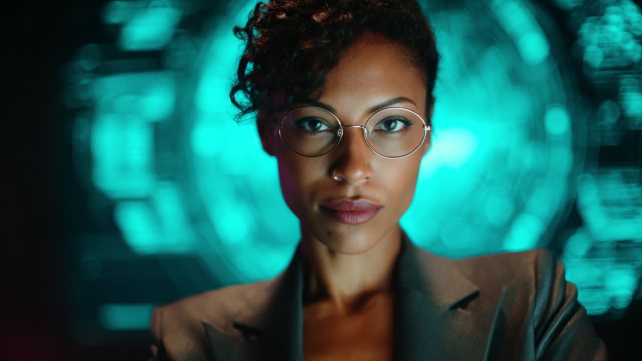A confident and insightful woman wearing stylish glasses stares directly at the viewer against a backdrop of vibrant turquoise digital patterns and futuristic designs, symbolizing intelligence and strength