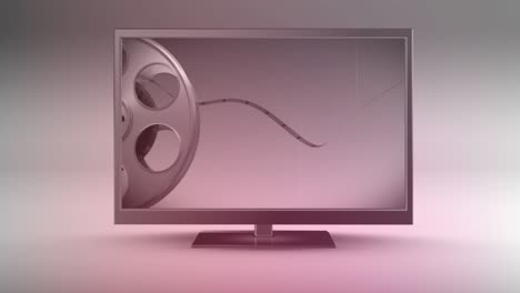 Animation-of-television-set-with-film-strip-rolling-against-gray-background