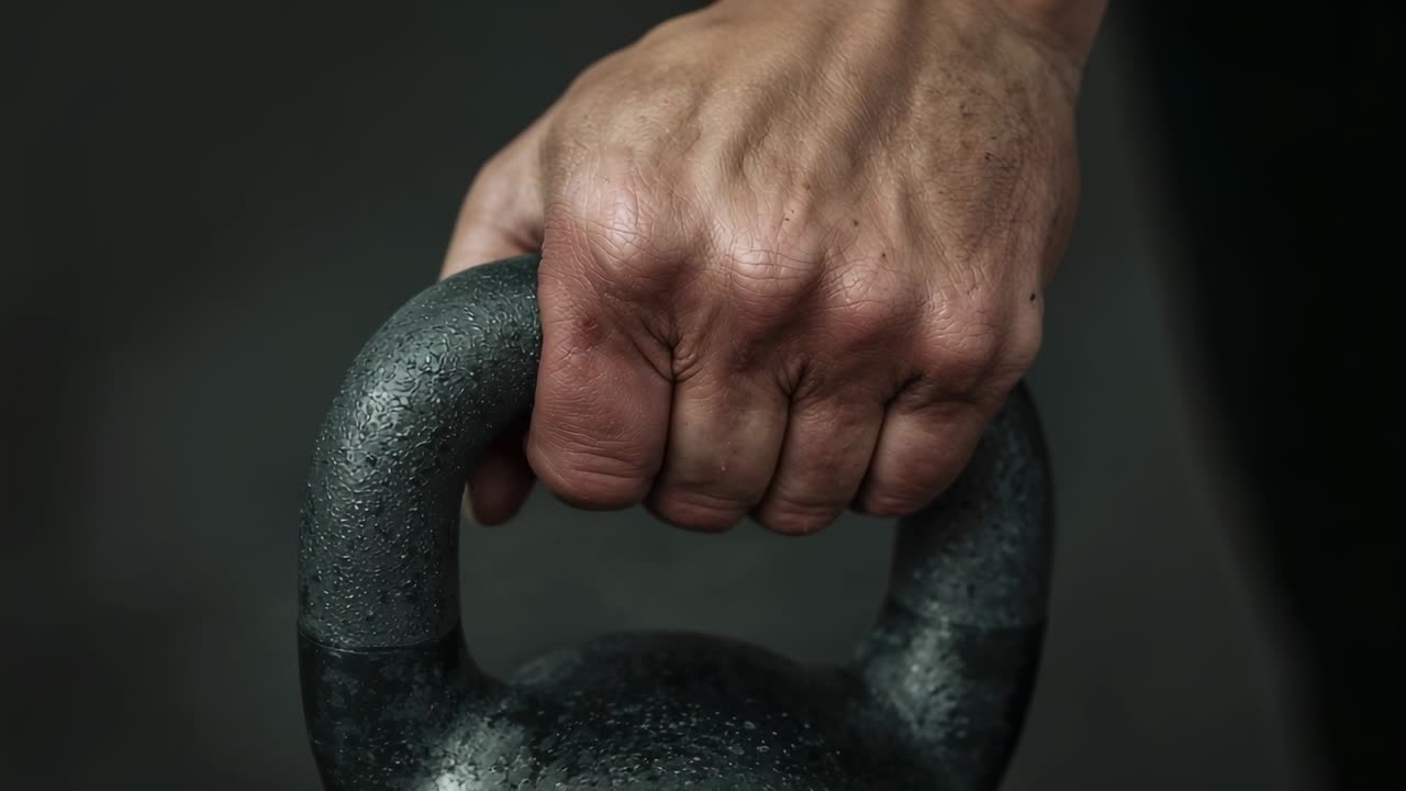 Pessoa com roupas esportivas escuras, apertando a mão ao colocar um kettlebell de ferro fundido na academia, preparando-se para o treino.