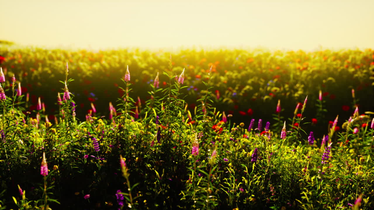 부드러운 이른 아침 또는 해가 지는  ⁇ 빛 아래 꽃이 피는 야생 잔디 ⁇