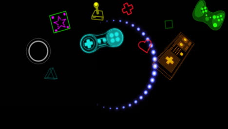 colorful gaming icons and symbols animation on black background