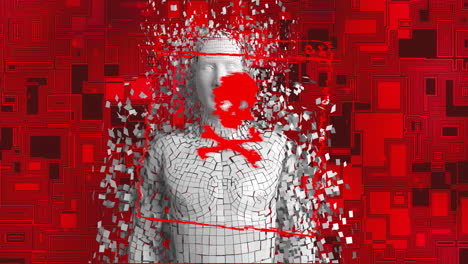 texto de malware sobre figura humana digital fragmentada en fondo rojo