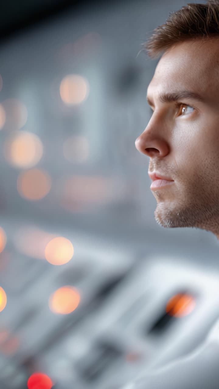Focused Operator Observing Control Panel with Softly Lit Background Reflecting Intense Concentration and Professionalism in a High-Tech Environment