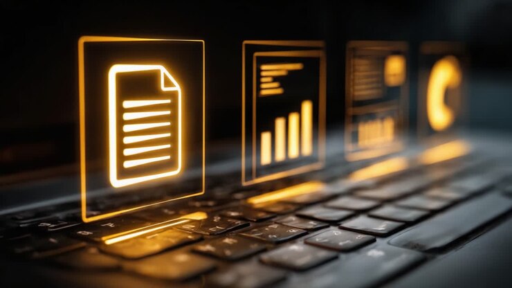 Illuminated Digital Interface Displaying Data and Analytics on a Laptop Keyboard, Highlighting Modern Technology Utilizing Interactive Elements for Enhanced User Experience