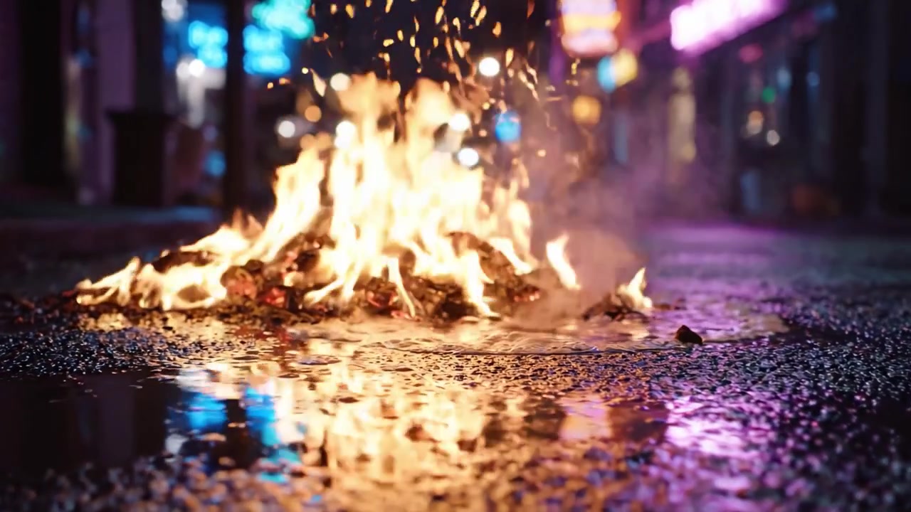 A Fiery Blaze Ignites the Rain-Slicked Streets, Casting Flickering Shadows and Illuminating the Urban Night with an Intense Orange Glow and Reflections