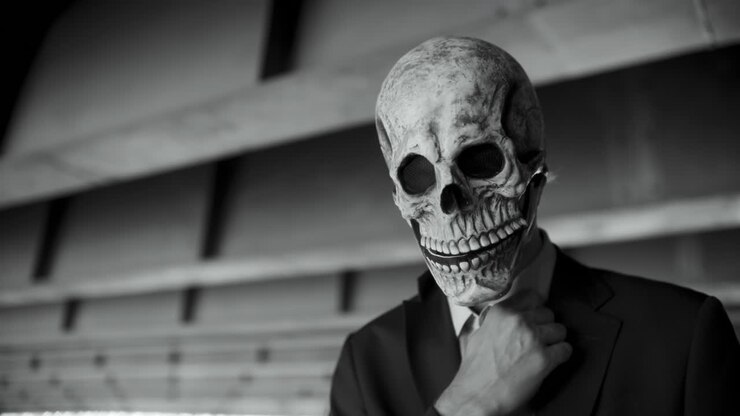 Uomo con maschera da teschio in abito da lavoro.