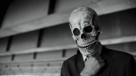 man in skull mask business suit