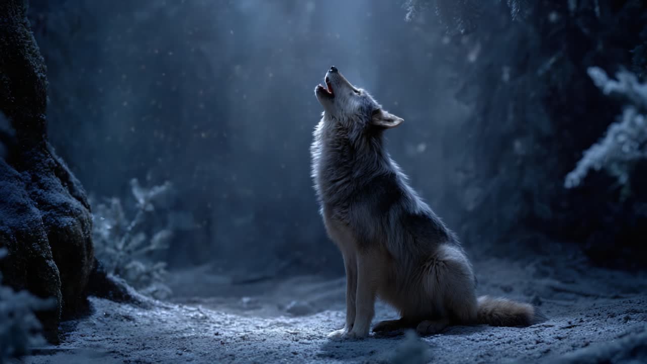 A Majestic Wolf Gazing Upward in a Snowy Enchanted Forest, Illuminated by Ethereal Light and Surrounded by Sparkling Snowflakes, Capturing the Essence of Nature's Beauty