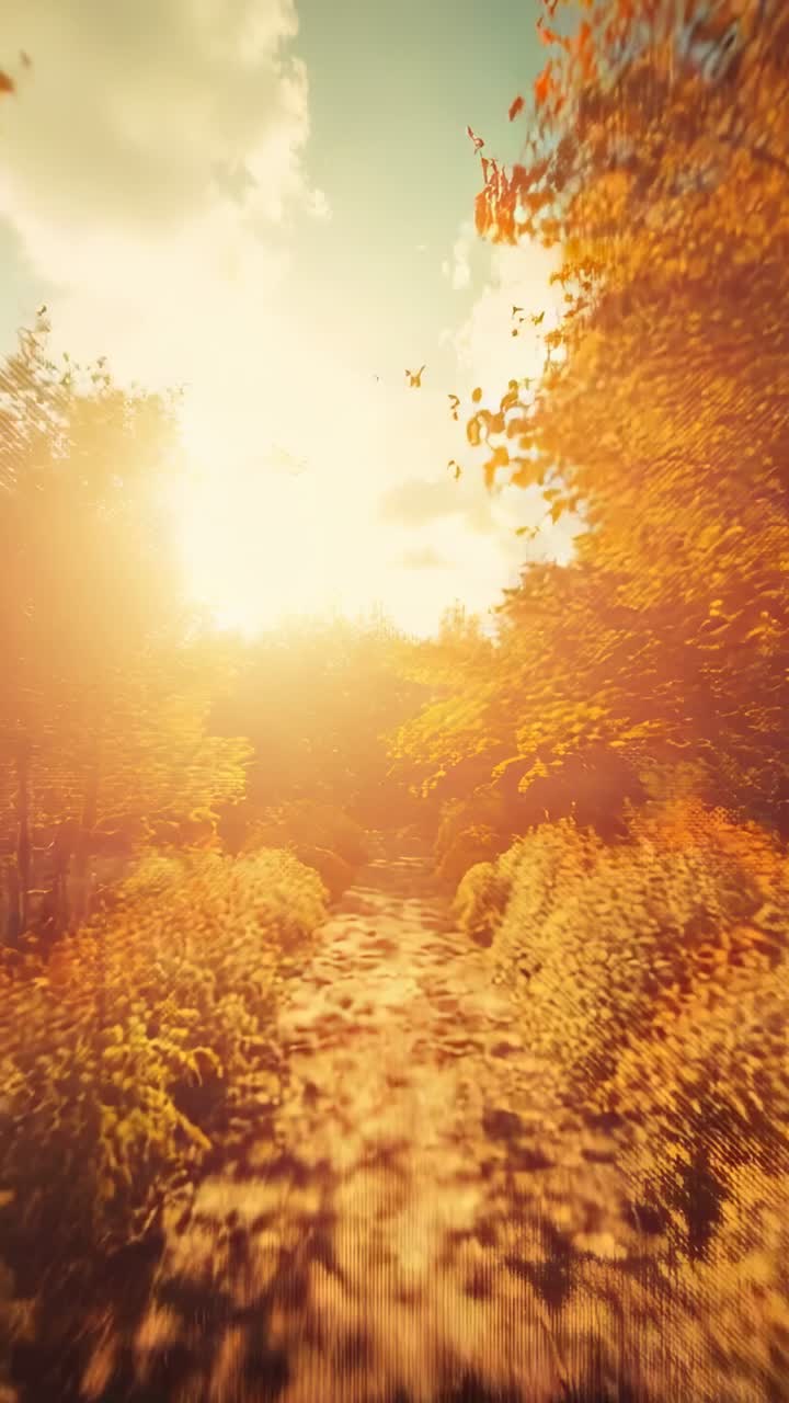 Vertical video: On start camera moving along fall trail in woods, light filtering through leaves