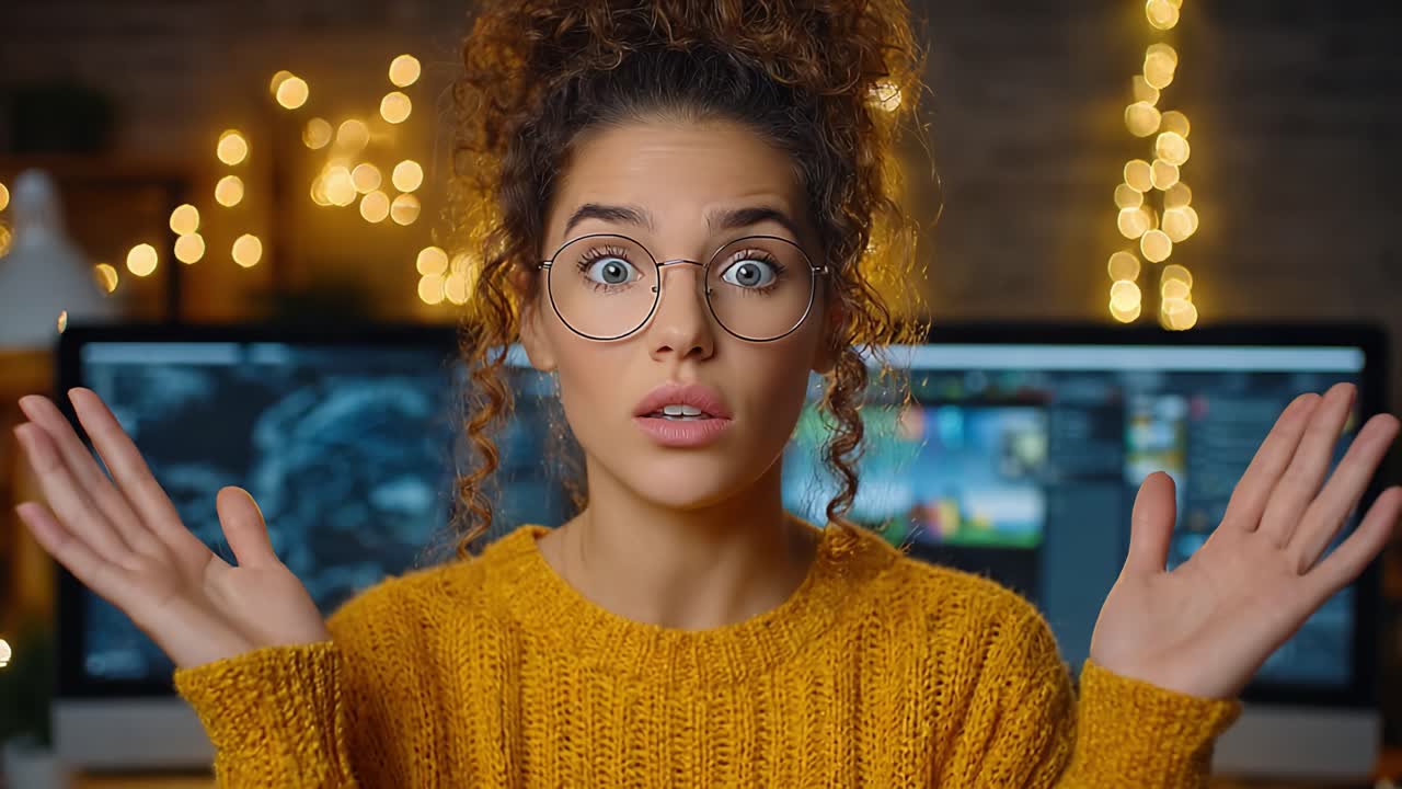 Surprised Young Woman with Glasses in Cozy Sweater Captured in Front of Computer Screens with Twinkling Fairy Lights, Expressing Shock and Confusion in a Warm Atmosphere