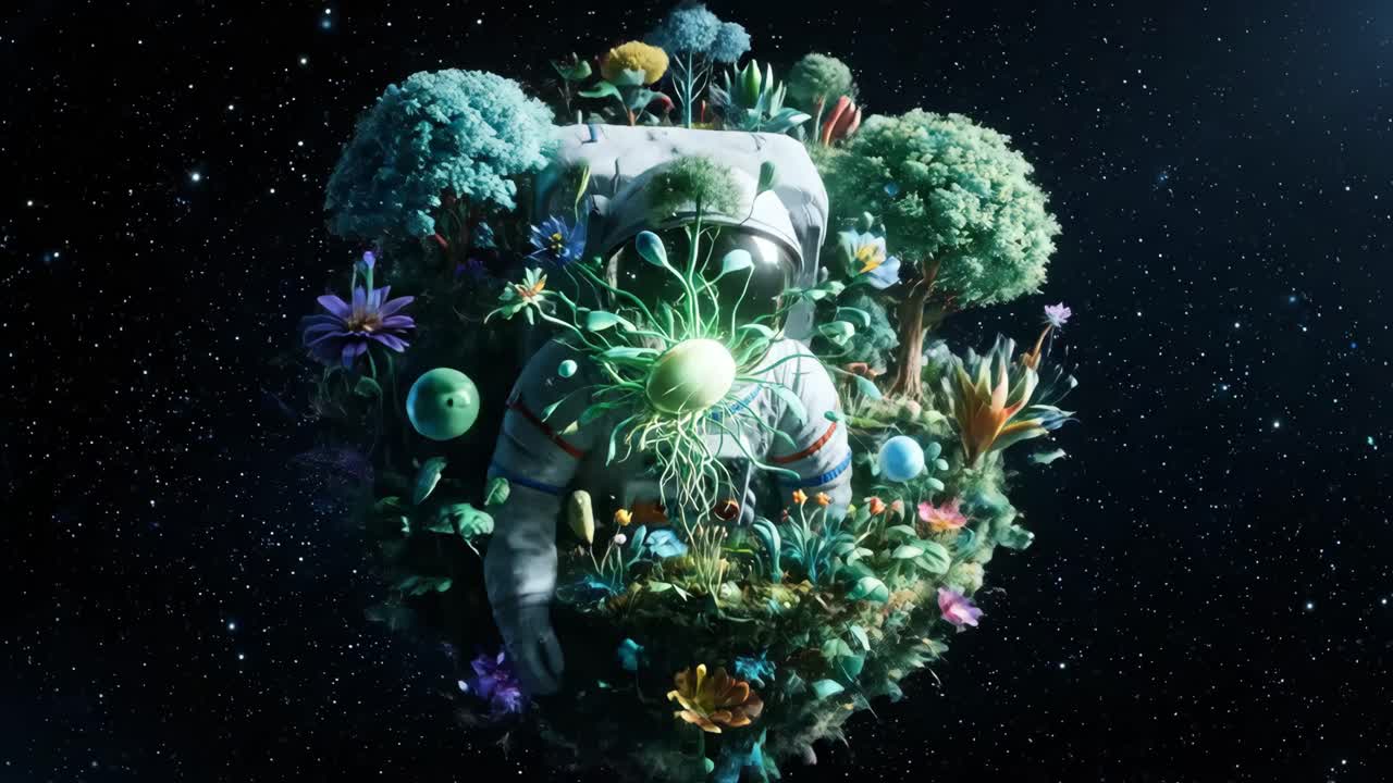 Astronaut in space surrounded by nature
