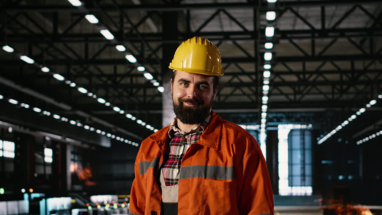 Ingegnere che parla in un walkie-talkie portatile all'interno di un magazzino dell'industria pesante.