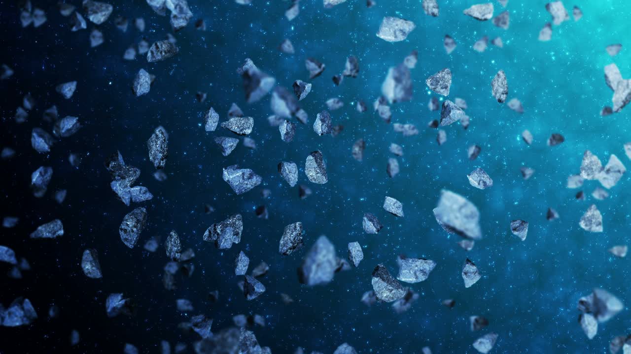 깊은 우주 배경에서 많은 소행성을 날아. 깨진 스플래시 폭발. 별빛 하늘. 돌고 있는 운석의 3d 애니메이션. 루프 애니메이션.