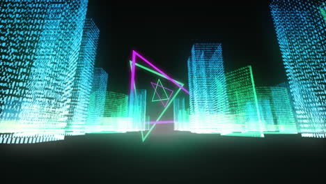 animation of neon shapes moving and digital city on black background