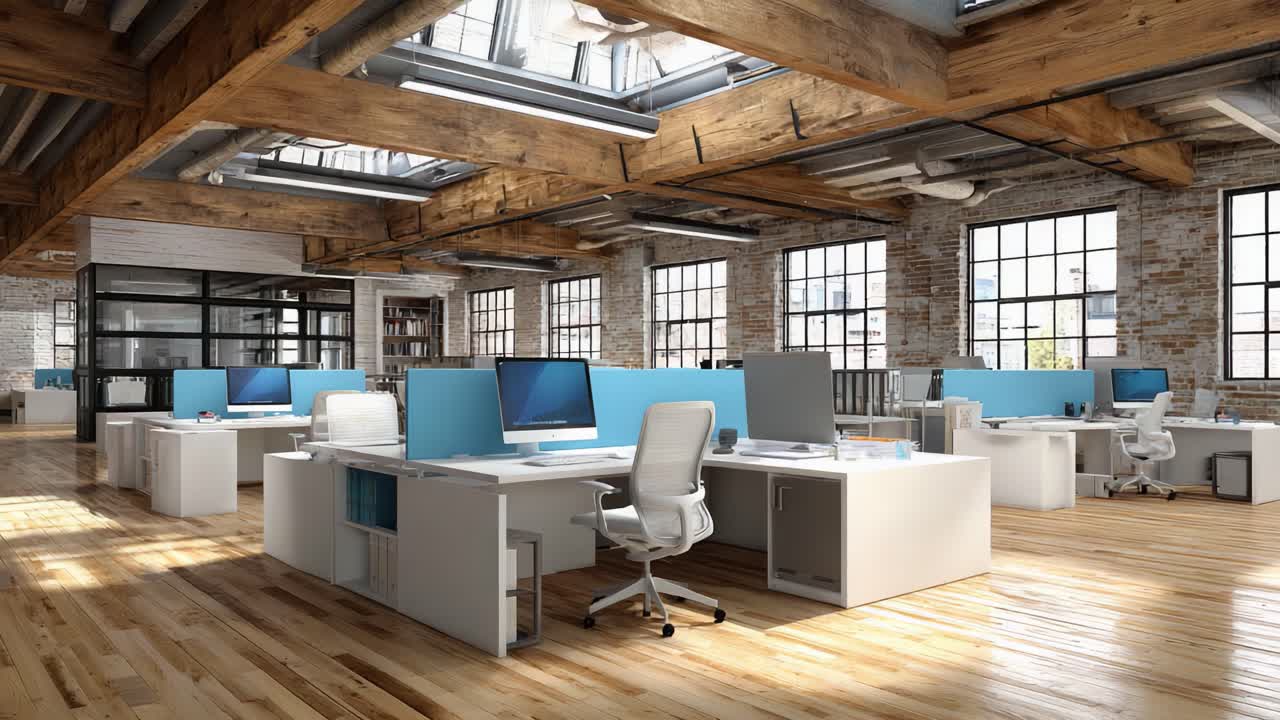 Modern Open-Concept Office Space with Ample Natural Light and Stylish Design Featuring Wooden Beams, Large Windows, and Contemporary Workstations