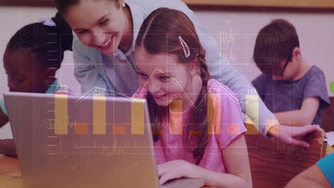 financial data charts animation over children using laptops in classroom