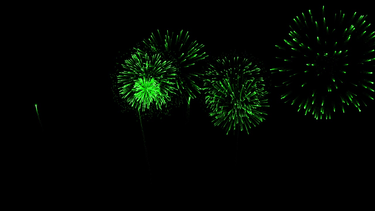 Multiple green fireworks exploding in night sky. Ideal for St. Patrick's Day, New Year, or festive celebration backgrounds