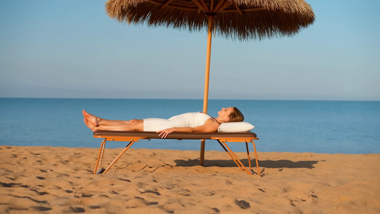 Woman On Beach Lounger Under Umbrella, Serene Coastal Scene With Calm Blue Sea, Golden Sand, White Pillow